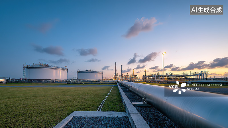 【AI数字艺术】黄昏中的天然气中继站和能源输送管道图片素材