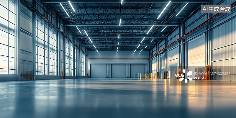 【AI数字艺术】阳光下现代宽敞明亮的工厂仓库室内空间图片素材