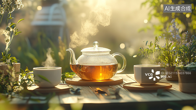 【AI数字艺术】清新风格户外树林中的茶具和茶杯图片素材
