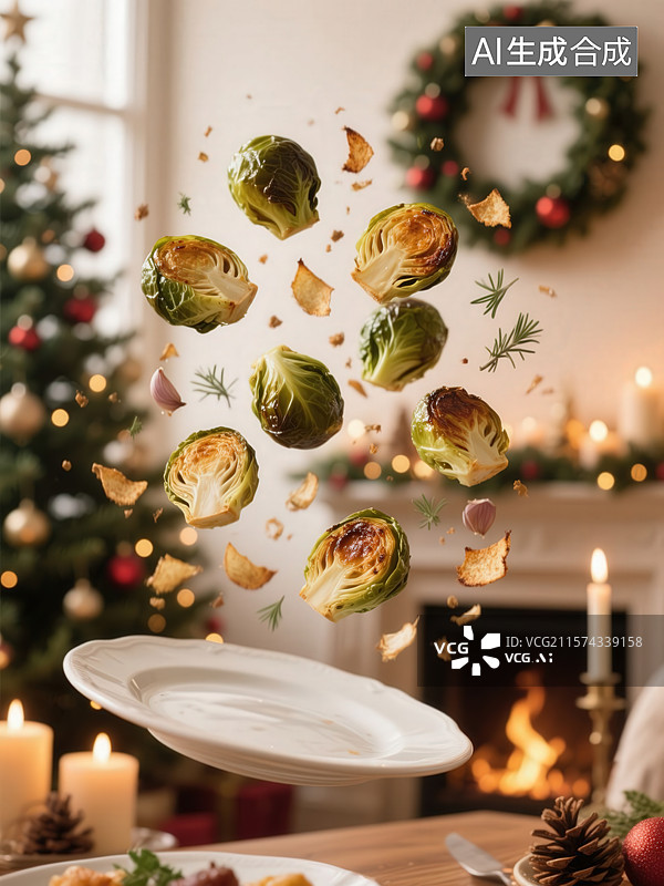 【AI数字艺术】节日餐桌上的飘浮抱子甘蓝图片素材