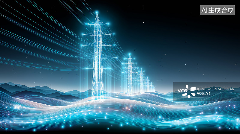 【AI数字艺术】能源科技背景——抽象发光蓝色高压电网的全息影像图片素材