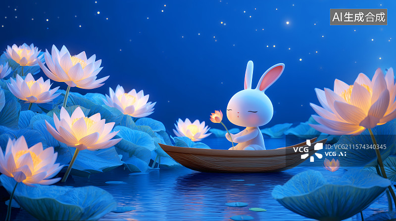 【AI数字艺术】夜晚荷花池中一艘木舟上坐着一只玉兔图片素材
