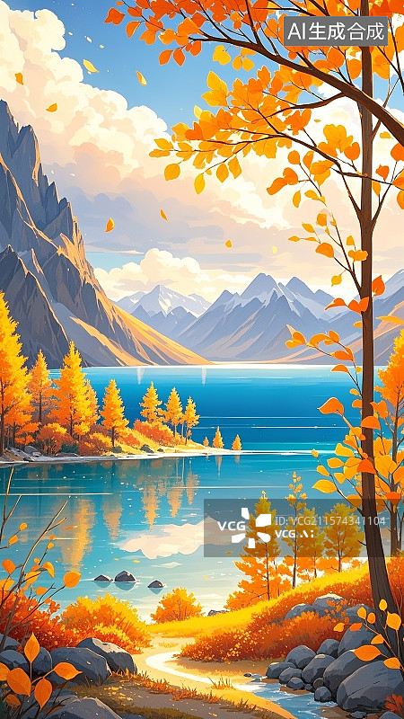 【AI数字艺术】秋天立秋节气枫叶湖泊河流树林山峰场景图片素材