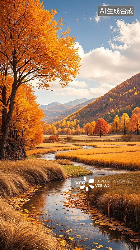 【AI数字艺术】秋天立秋节气枫叶湖泊河流树林山峰场景图片素材