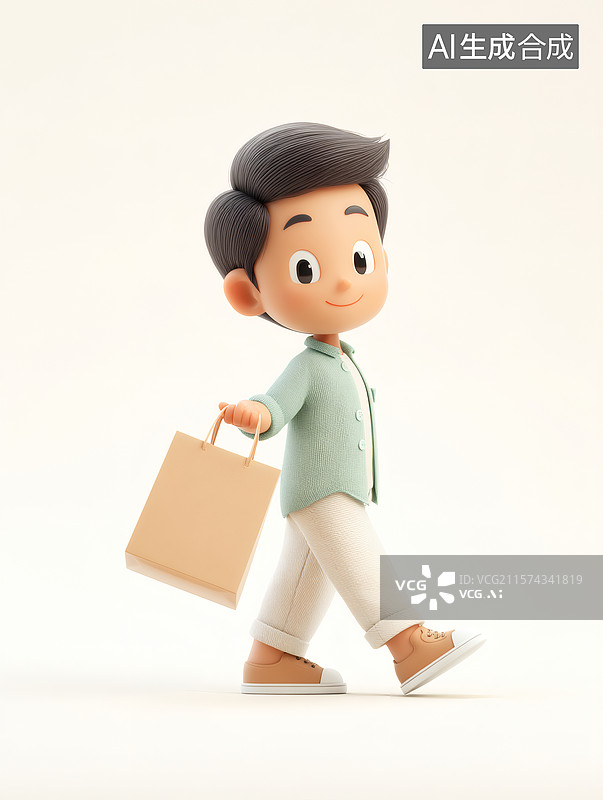 【AI数字艺术】男孩手提购物袋行走图片素材