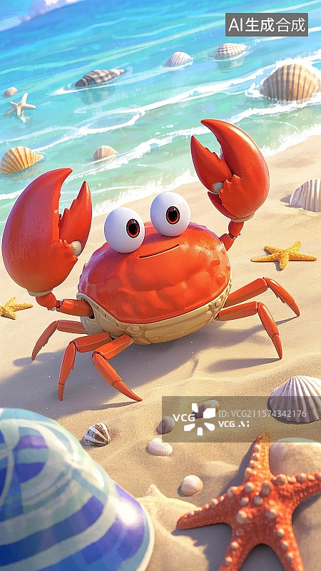【AI数字艺术】夏日海滩3d可爱螃蟹沙滩度假场景图片素材