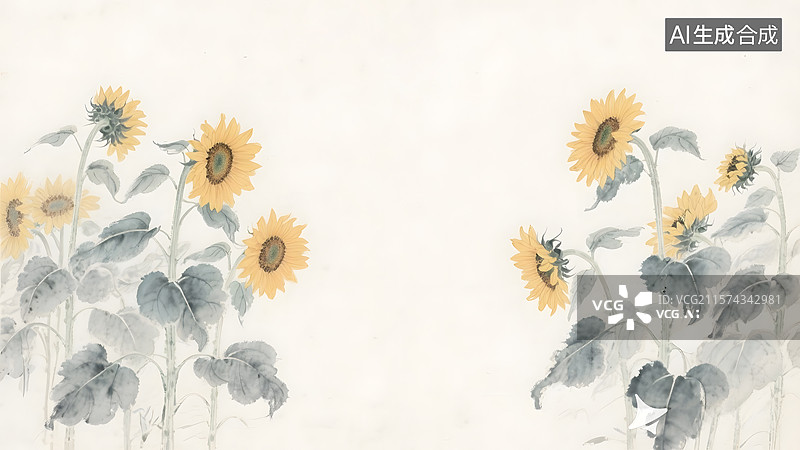 【AI数字艺术】水墨画向日葵两侧图片素材