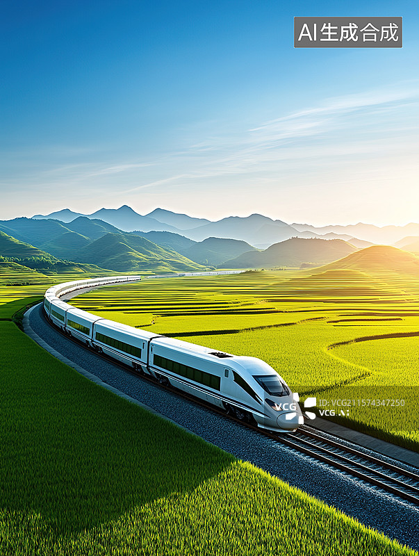 【AI数字艺术】绿色田野里奔驰的高铁列车象征着飞速发展的中国经济和中国速度基建建设图片素材