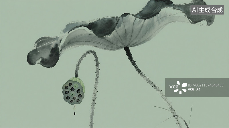 【AI数字艺术】水墨荷花莲蓬荷叶翻卷垂落意境商务插图图片素材