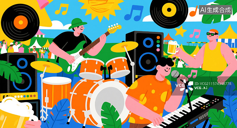 【AI数字艺术】卡通手绘音乐节弹琴打鼓快乐时光插画图片素材