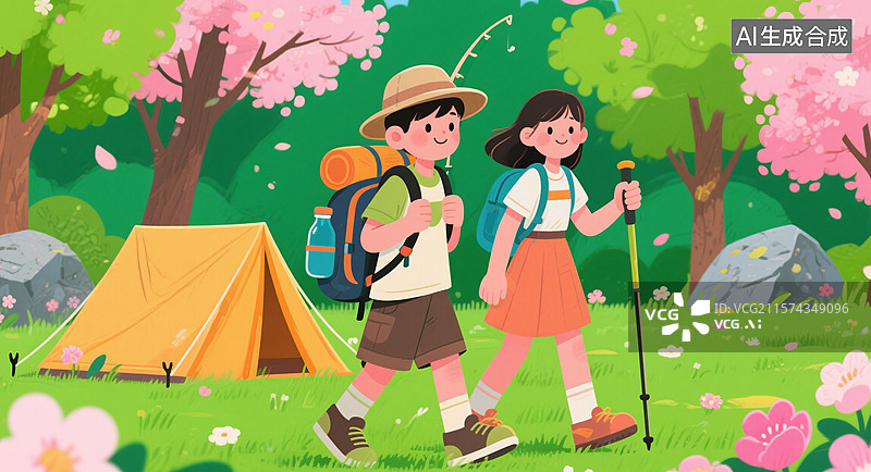 【AI数字艺术】卡通手绘春季游旅行插画图片素材
