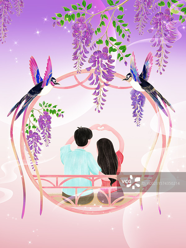 手绘七夕情人节喜鹊紫藤花浪漫情侣插画图片素材