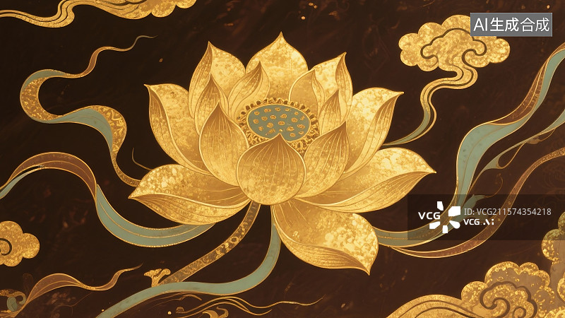 【AI数字艺术】中式古风金色莲花敦煌壁画风格莲花周围有飞舞的飘带和金色祥云背景深褐色仿古宣纸质感图片素材