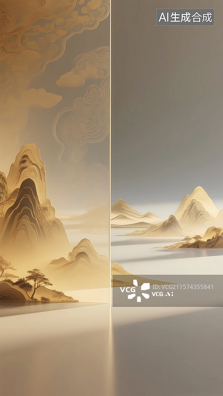 【AI数字艺术】立体卷轴屏风山水画卷背景图片素材