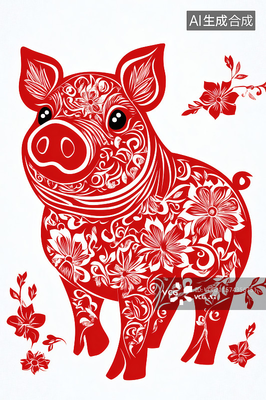 【AI数字艺术】剪纸，一只可爱的小猪，猪年背景图图片素材