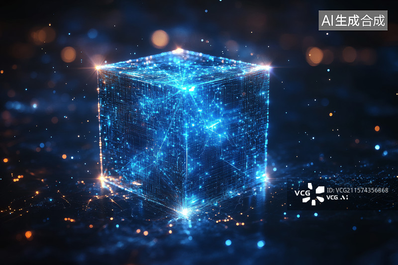 【AI数字艺术】蓝色粒子组成的发光的立方体，科技背景图图片素材