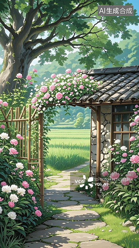 【AI数字艺术】林间石板小径，两侧有木栅栏。竹制花架覆有瓦片顶，石砌房子，爬满粉色玫瑰花图片素材
