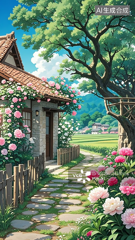 【AI数字艺术】林间石板小径，两侧有木栅栏。竹制花架覆有瓦片顶，石砌房子，爬满粉色玫瑰花图片素材
