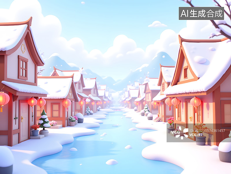 【AI数字艺术】立冬节气的房屋下雪场景插画图片素材