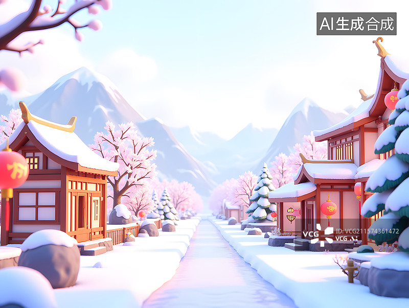 【AI数字艺术】立冬节气的房屋下雪场景插画图片素材