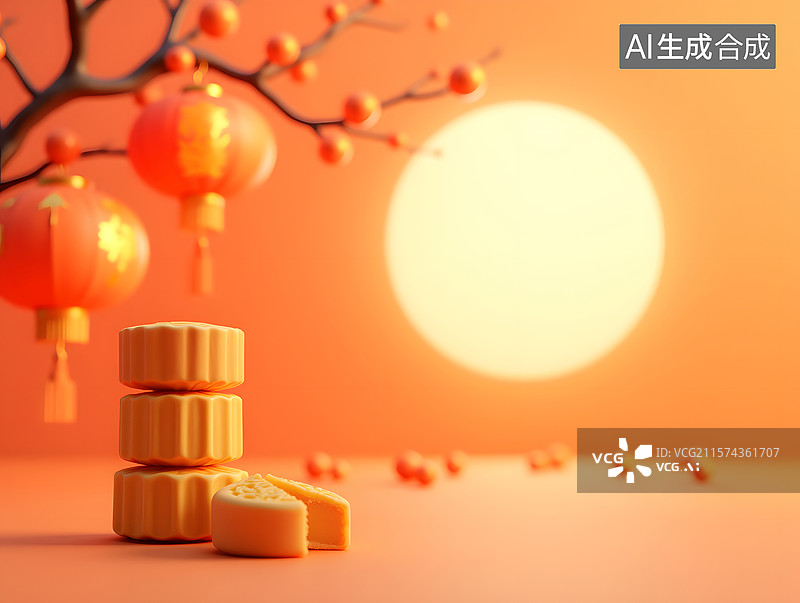 【AI数字艺术】中秋节月饼和桂花的3D场景插画图片素材