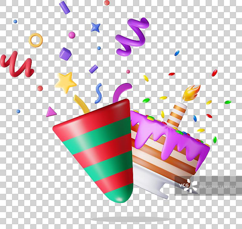 3D蛋糕上有蜡烛和喷炮，洒满五彩纸屑图片素材