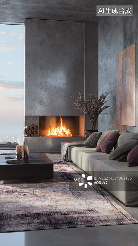 【AI数字艺术】现代客厅设计，壁炉与沙发的温馨组合图片素材