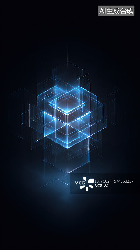 【AI数字艺术】蓝色发光立方体的抽象艺术图片素材