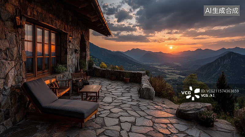 【AI数字艺术】山间石屋夕阳美景图片素材