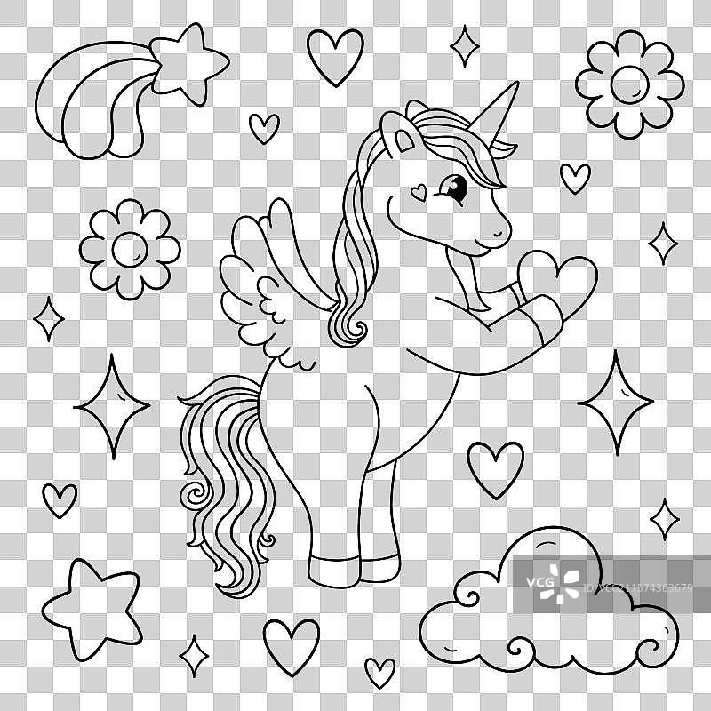 可爱的独角兽涂色书，简单元素与心形图案图片素材