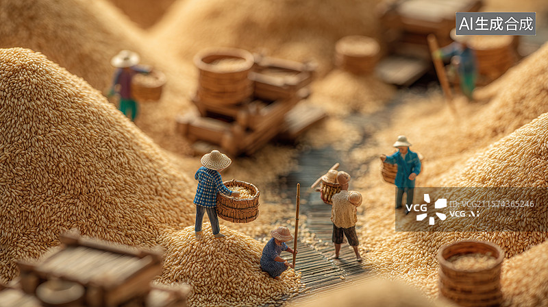 【AI数字艺术】稻谷堆旁的劳作场景图片素材