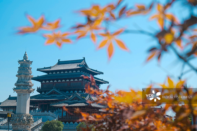 大足石刻博物馆前景秋天黄色枫叶图片素材