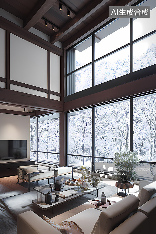 【AI数字艺术】室内雪景窗前沙发场景图片素材