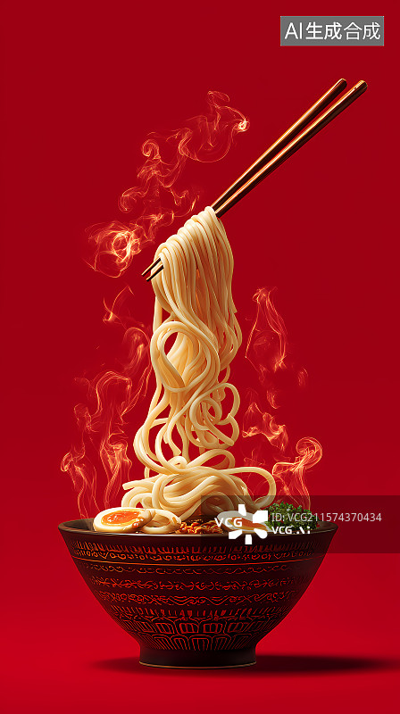 【AI数字艺术】筷子挑起热气腾腾面条图片素材