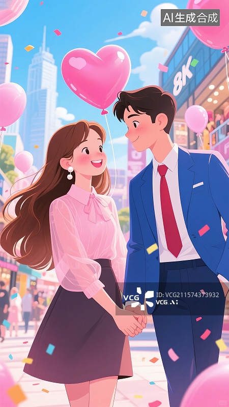 【AI数字艺术】七夕情人节情侣牵手城市漫步心形气球浪漫场景图片素材
