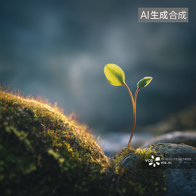 【AI数字艺术】青苔石上幼苗特写图片素材