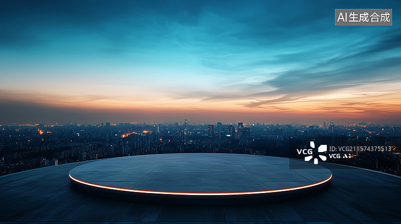 【AI数字艺术】暮色中的屋顶直升机停机坪与城市全景图片素材