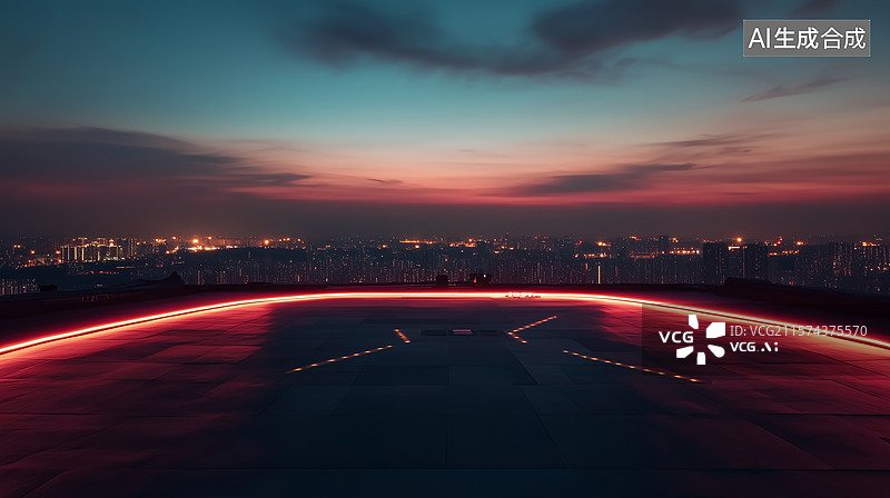 【AI数字艺术】暮色中的屋顶直升机停机坪与城市全景图片素材
