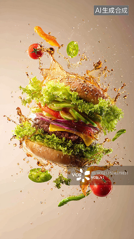 【AI数字艺术】新鲜汉堡空中解构，食材四散飞溅图片素材
