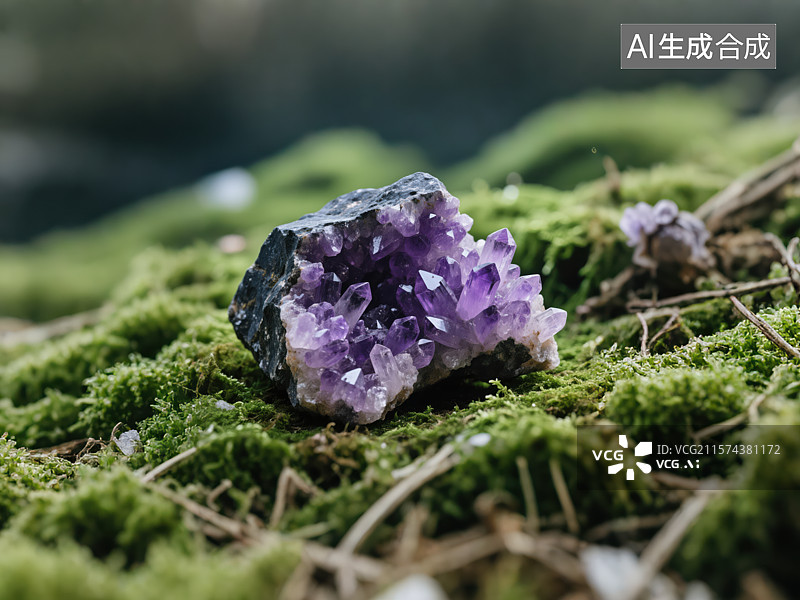 【AI数字艺术】森林中嵌紫晶的神秘岩石图片素材