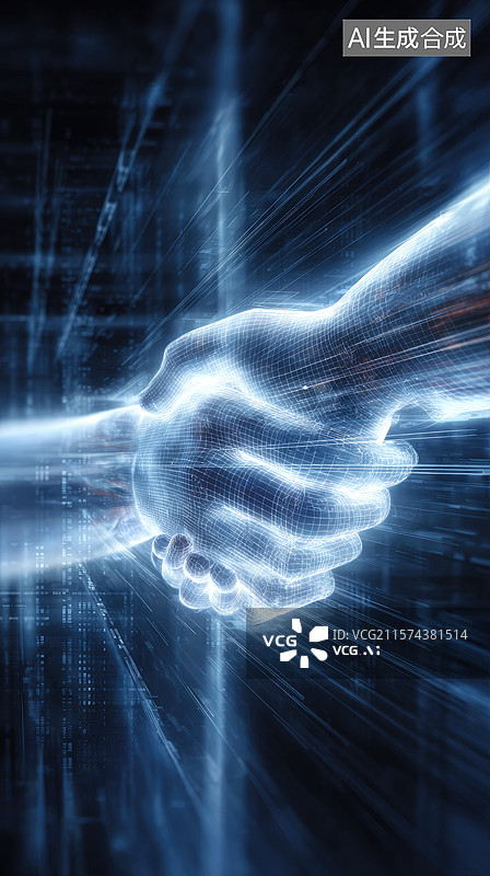 【AI数字艺术】未来数字握手智慧城市网络中全息商业协议抽象科技背景数据连接和二进制代码金融创新与合作成功图片素材