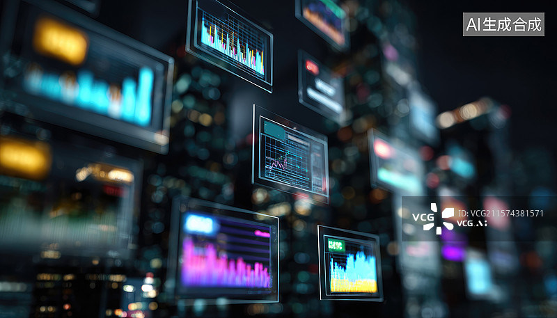 【AI数字艺术】未来股市可视化智慧城市夜景中的动态金融图表紫色渐变背景上的红蓝交易图形高科技经济图片素材