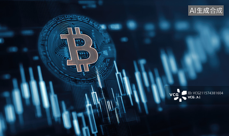 【AI数字艺术】闪耀比特币符号与动态股市图表加密货币和金融数据的数字插图抽象蓝色网格背景代表交易资产管理金融科技图片素材
