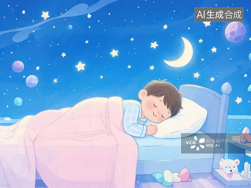 【AI数字艺术】星夜甜梦・男孩的静谧梦乡图片素材