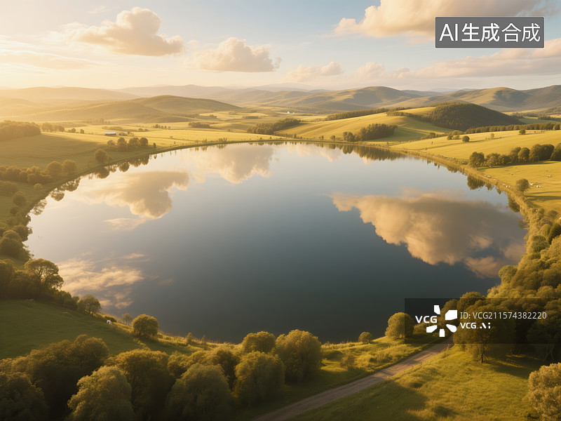 【AI数字艺术】湖心桃源・高空俯瞰的静谧田园图片素材