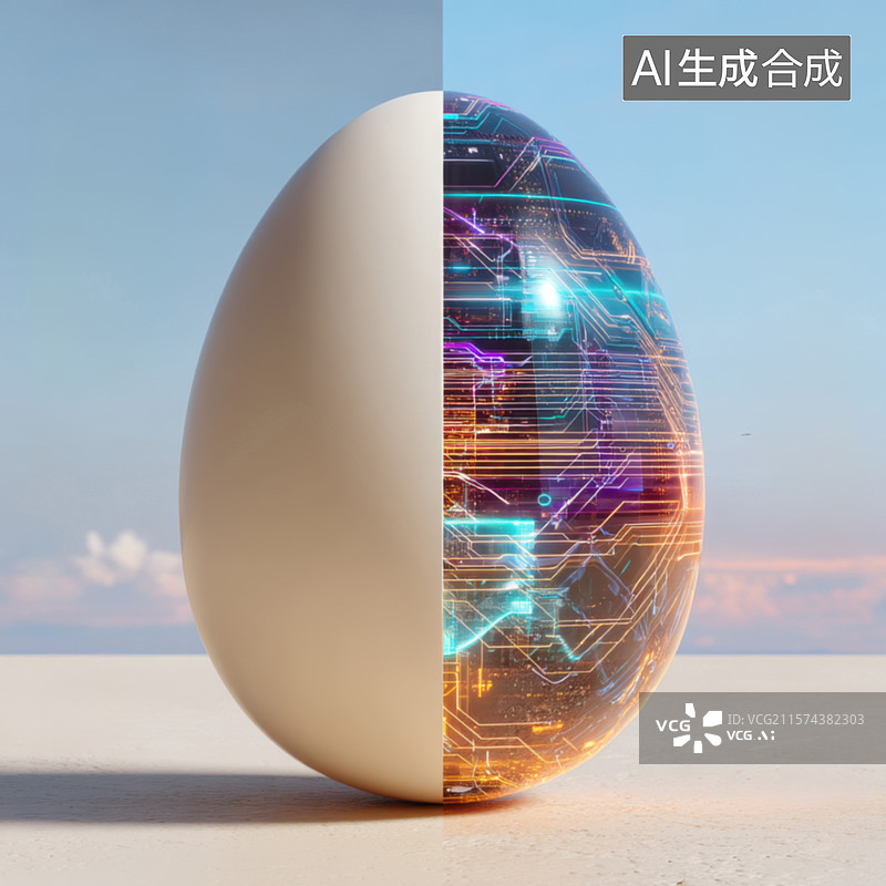 【AI数字艺术】白色的鸡蛋 上面有蓝色和紫色的科技图案孵化图片素材