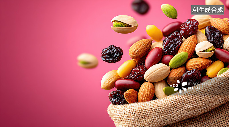 【AI数字艺术】混合坚果以粉红色背景图片素材