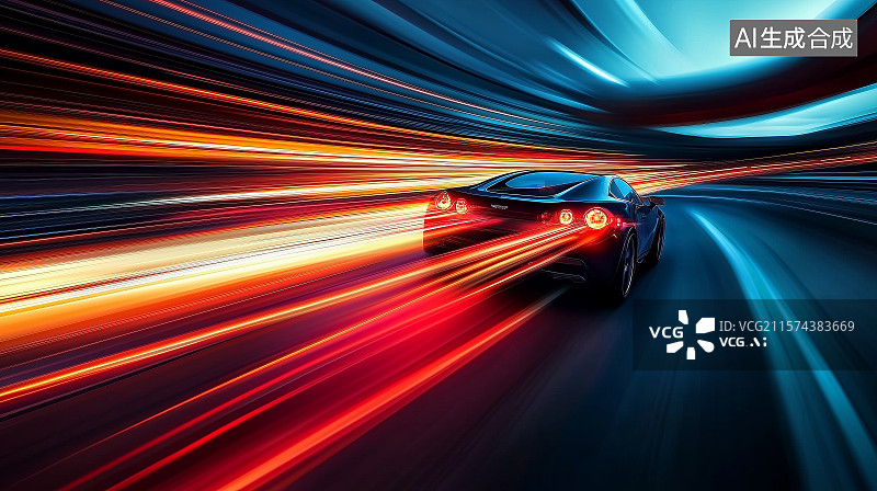 【AI数字艺术】灯光隧道里行驶的汽车图片素材
