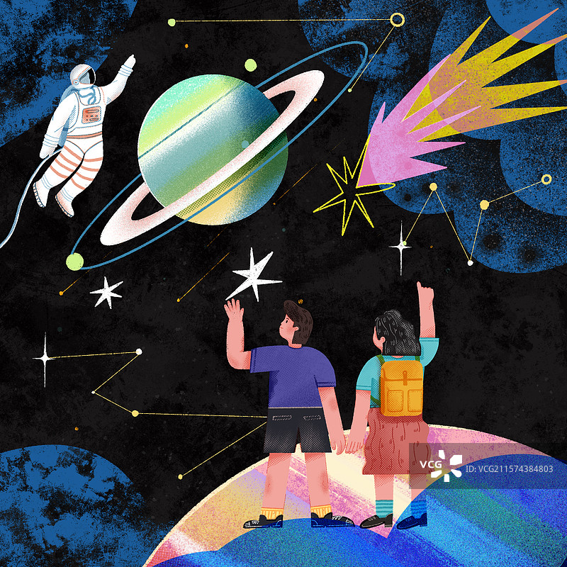 两个小朋友在看宇宙中的星辰和宇航员图片素材