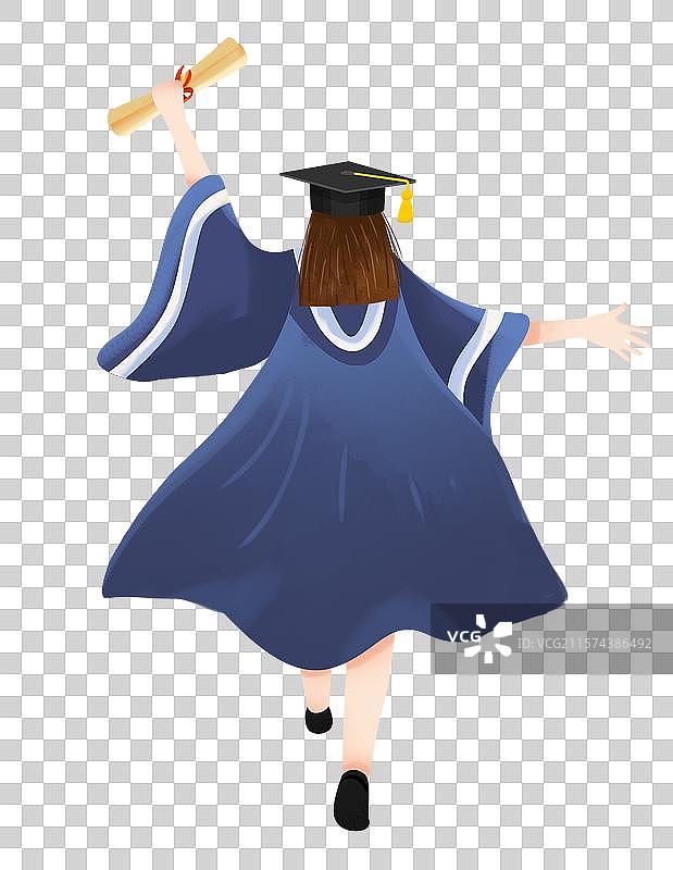 毕业季毕业照单人学士服，毕业生庆祝，开心照相动作，拿着喜报开心奔跑的女孩 元素图片素材